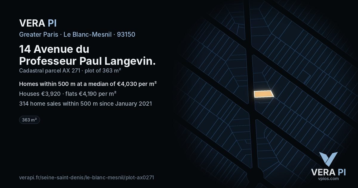 14 Avenue du Professeur Paul Langevin, Le Blanc-Mesnil at night – the plot lit, the parcels around coloured by the prices near them