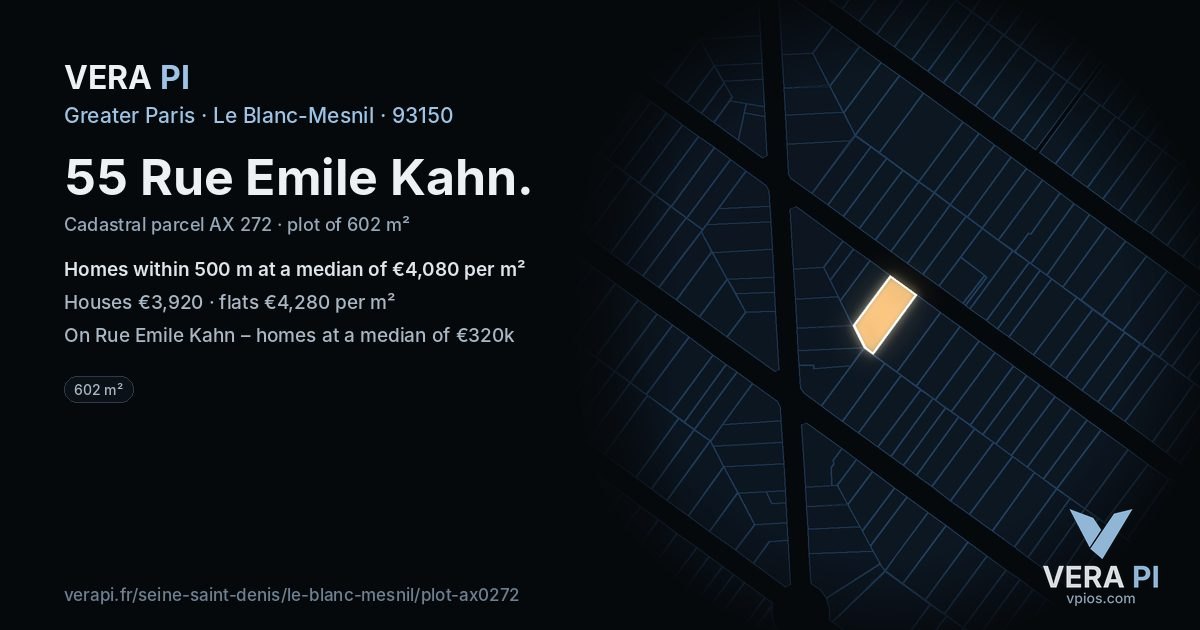 55 Rue Emile Kahn, Le Blanc-Mesnil at night – the plot lit, the parcels around coloured by the prices near them
