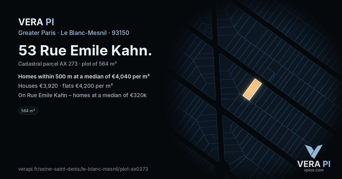 53 Rue Emile Kahn, Le Blanc-Mesnil at night – the plot lit, the parcels around coloured by the prices near them