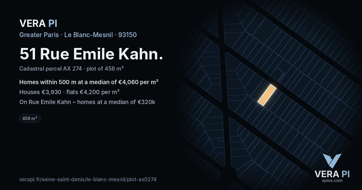 51 Rue Emile Kahn, Le Blanc-Mesnil at night – the plot lit, the parcels around coloured by the prices near them