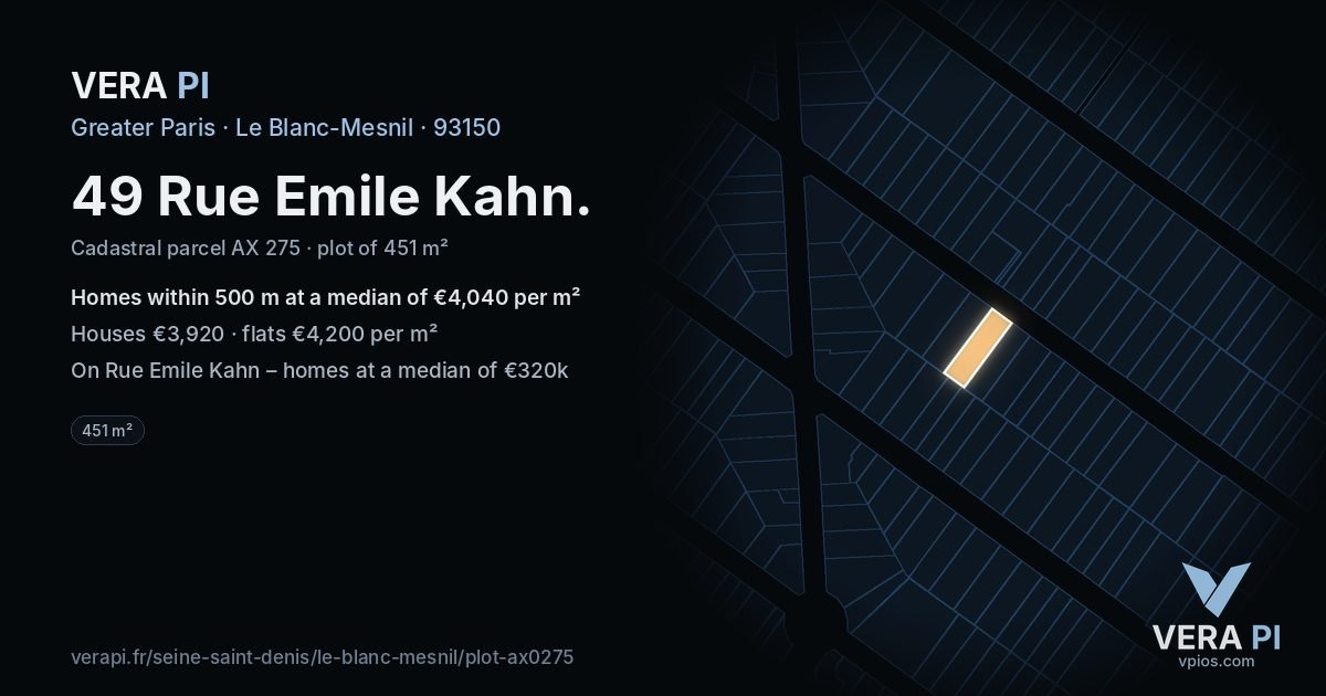 49 Rue Emile Kahn, Le Blanc-Mesnil at night – the plot lit, the parcels around coloured by the prices near them