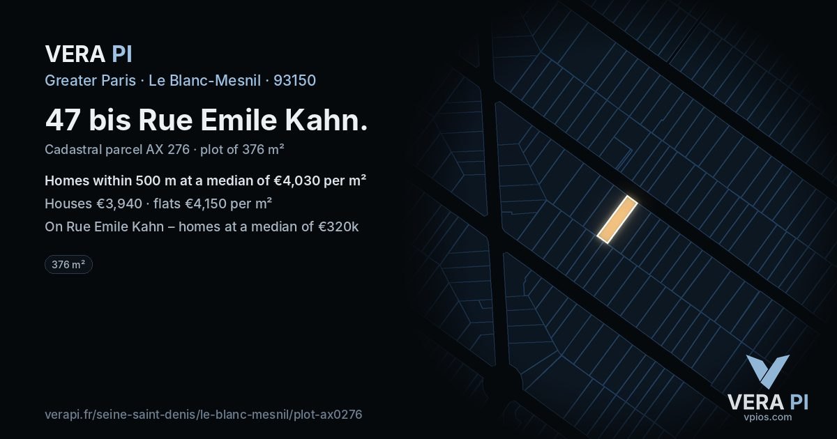 47 bis Rue Emile Kahn, Le Blanc-Mesnil at night – the plot lit, the parcels around coloured by the prices near them