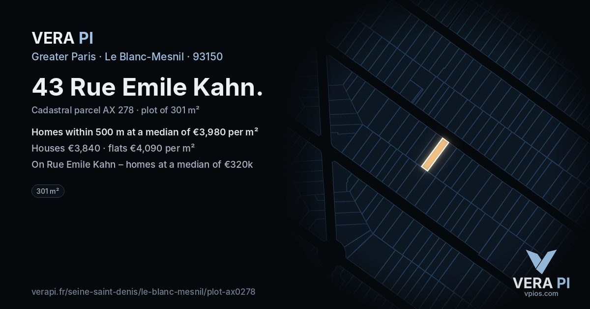 43 Rue Emile Kahn, Le Blanc-Mesnil at night – the plot lit, the parcels around coloured by the prices near them