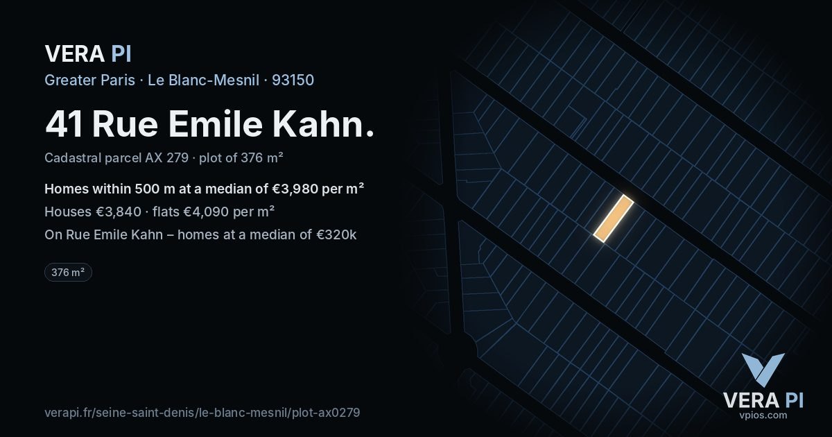 41 Rue Emile Kahn, Le Blanc-Mesnil at night – the plot lit, the parcels around coloured by the prices near them