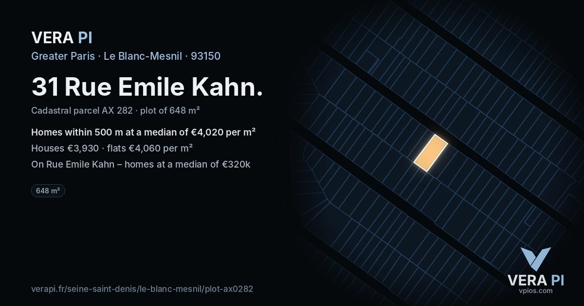31 Rue Emile Kahn, Le Blanc-Mesnil at night – the plot lit, the parcels around coloured by the prices near them