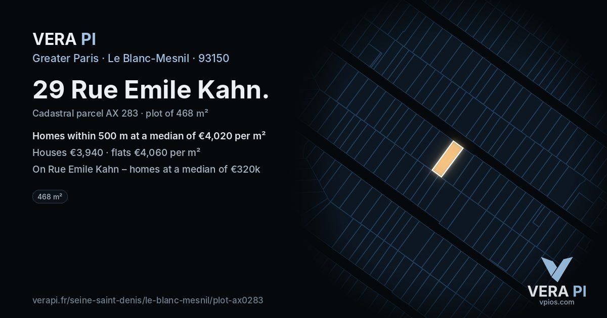 29 Rue Emile Kahn, Le Blanc-Mesnil at night – the plot lit, the parcels around coloured by the prices near them