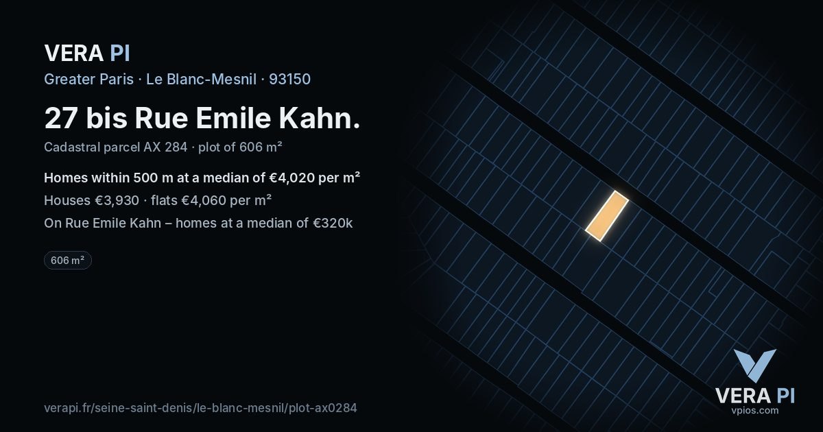 27 bis Rue Emile Kahn, Le Blanc-Mesnil at night – the plot lit, the parcels around coloured by the prices near them