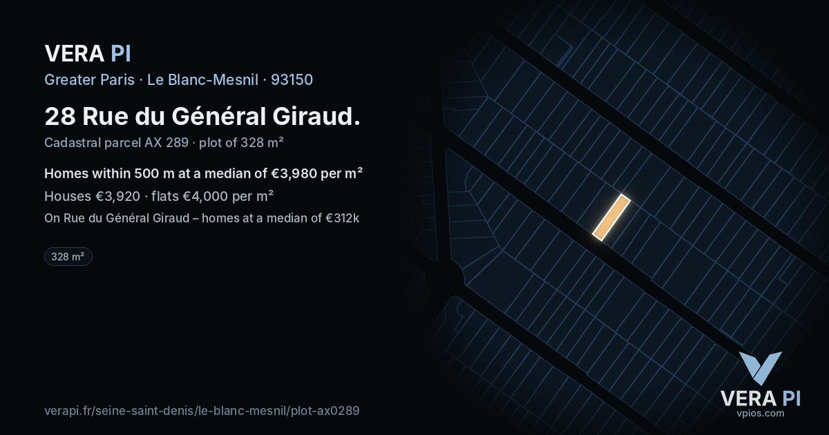28 Rue du Général Giraud, Le Blanc-Mesnil at night – the plot lit, the parcels around coloured by the prices near them