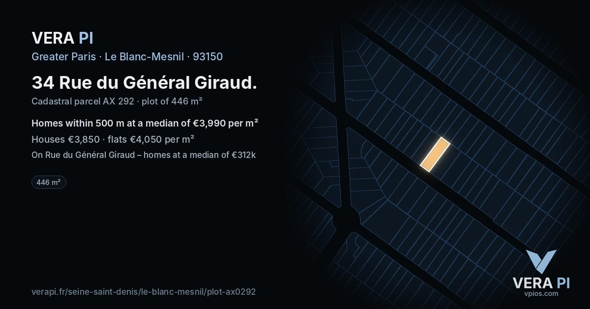 34 Rue du Général Giraud, Le Blanc-Mesnil at night – the plot lit, the parcels around coloured by the prices near them