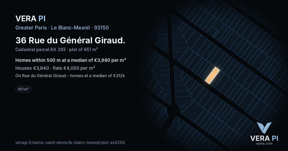 36 Rue du Général Giraud, Le Blanc-Mesnil at night – the plot lit, the parcels around coloured by the prices near them