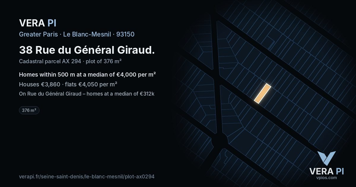 38 Rue du Général Giraud, Le Blanc-Mesnil at night – the plot lit, the parcels around coloured by the prices near them