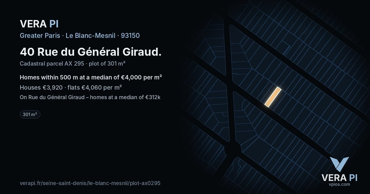 40 Rue du Général Giraud, Le Blanc-Mesnil at night – the plot lit, the parcels around coloured by the prices near them