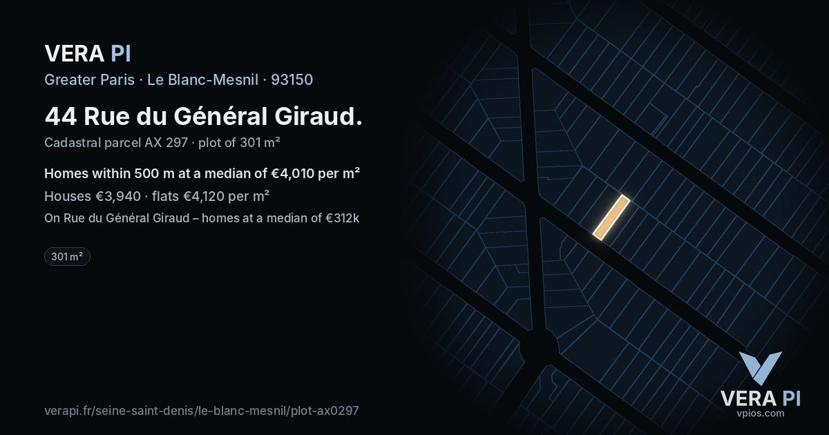 44 Rue du Général Giraud, Le Blanc-Mesnil at night – the plot lit, the parcels around coloured by the prices near them