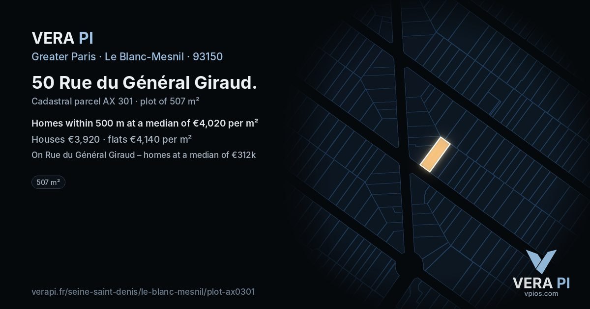 50 Rue du Général Giraud, Le Blanc-Mesnil at night – the plot lit, the parcels around coloured by the prices near them