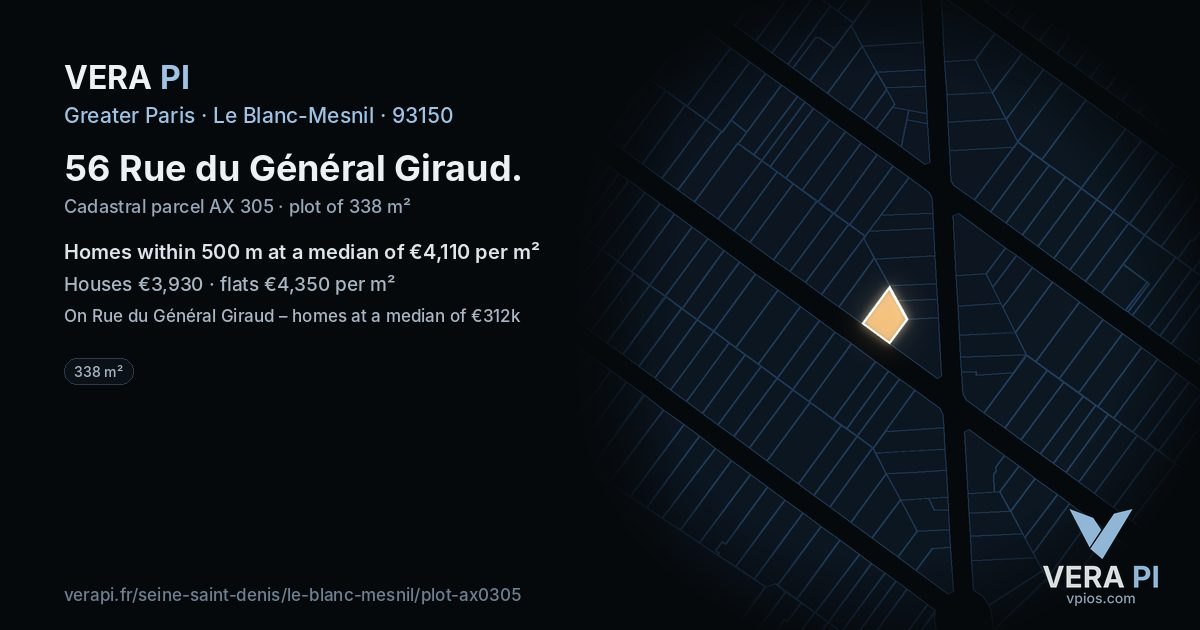 56 Rue du Général Giraud, Le Blanc-Mesnil at night – the plot lit, the parcels around coloured by the prices near them