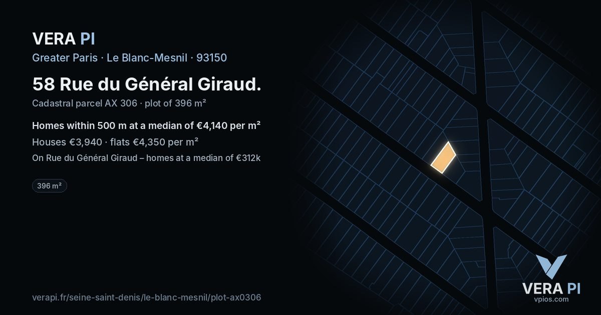 58 Rue du Général Giraud, Le Blanc-Mesnil at night – the plot lit, the parcels around coloured by the prices near them