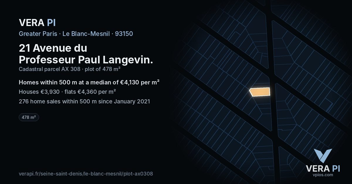 21 Avenue du Professeur Paul Langevin, Le Blanc-Mesnil at night – the plot lit, the parcels around coloured by the prices near them