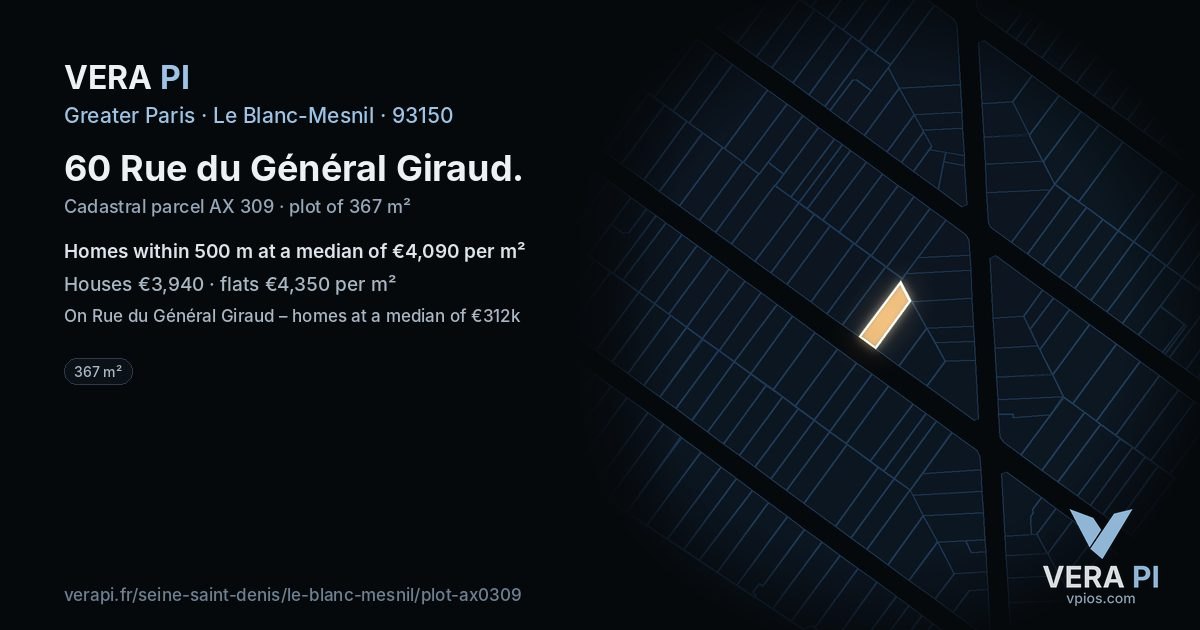 60 Rue du Général Giraud, Le Blanc-Mesnil at night – the plot lit, the parcels around coloured by the prices near them