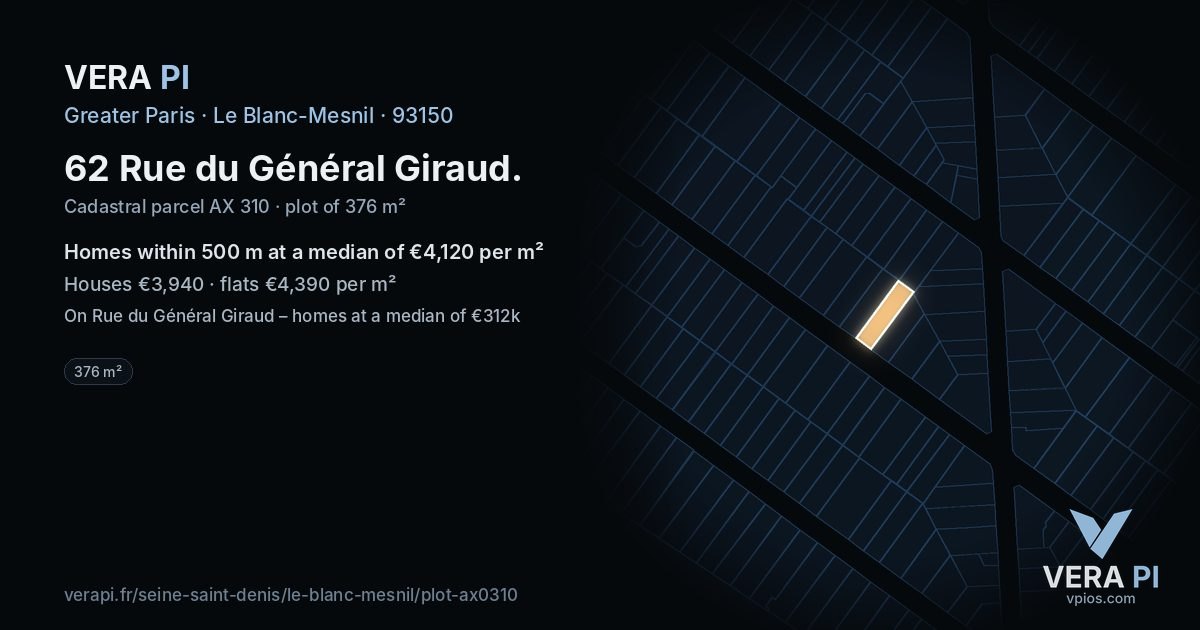 62 Rue du Général Giraud, Le Blanc-Mesnil at night – the plot lit, the parcels around coloured by the prices near them