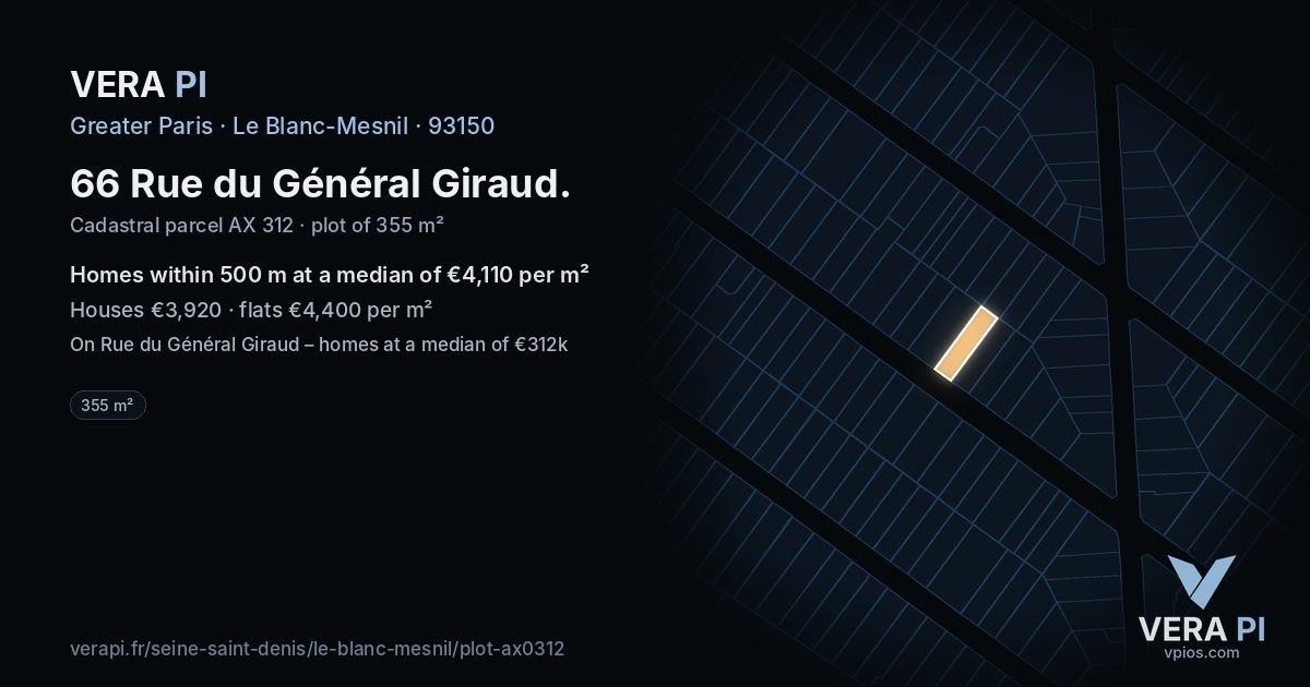 66 Rue du Général Giraud, Le Blanc-Mesnil at night – the plot lit, the parcels around coloured by the prices near them