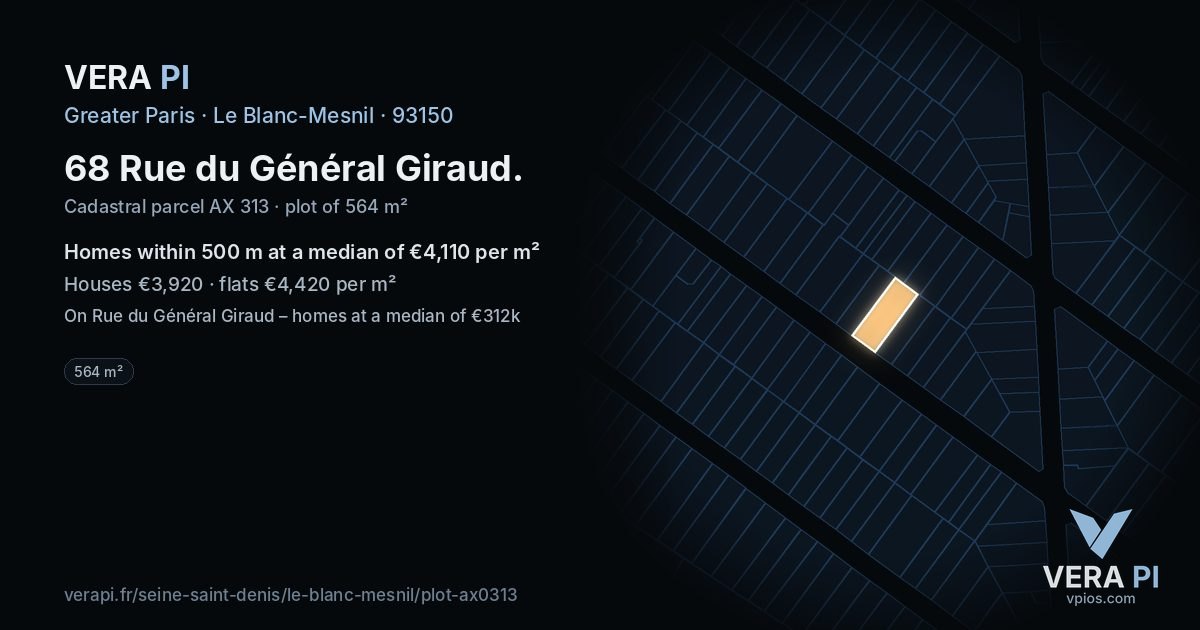 68 Rue du Général Giraud, Le Blanc-Mesnil at night – the plot lit, the parcels around coloured by the prices near them