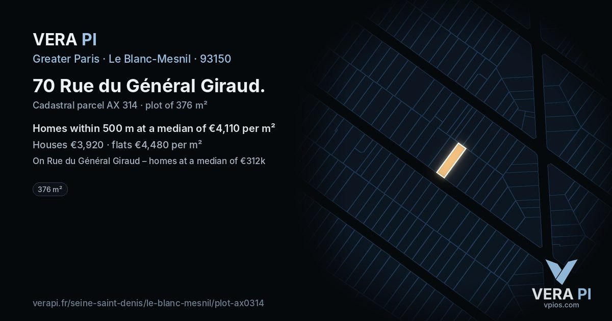 70 Rue du Général Giraud, Le Blanc-Mesnil at night – the plot lit, the parcels around coloured by the prices near them