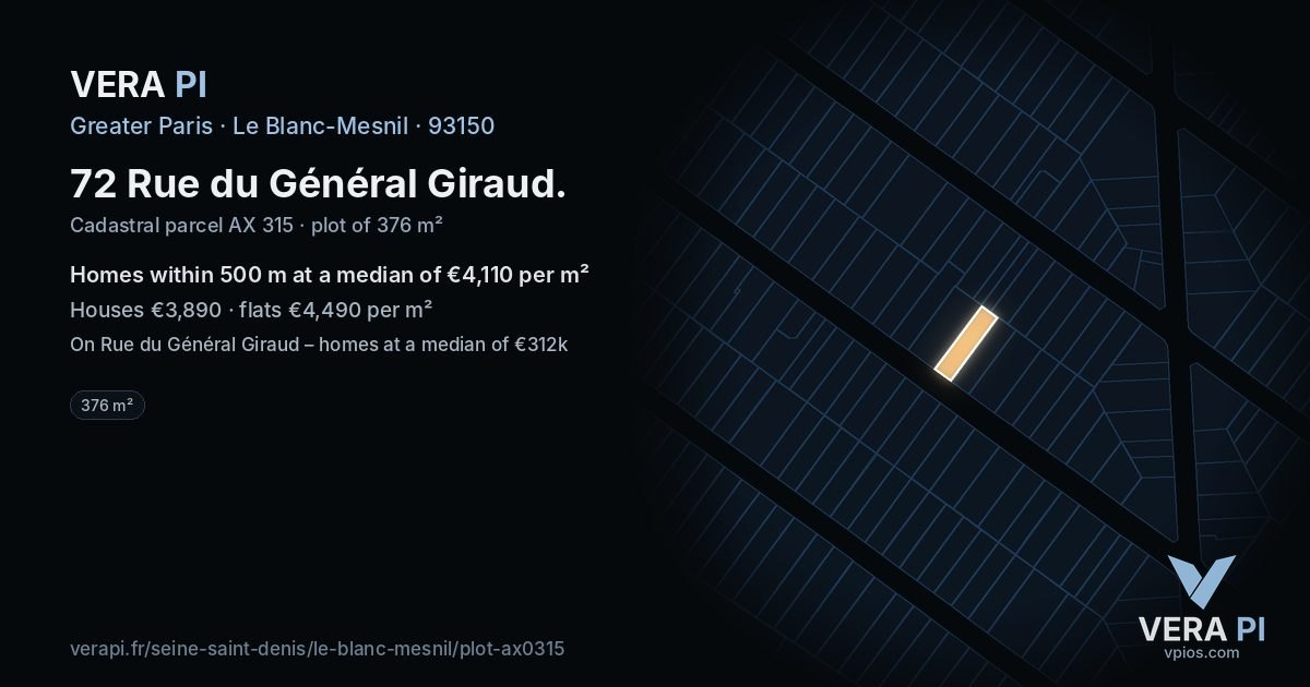 72 Rue du Général Giraud, Le Blanc-Mesnil at night – the plot lit, the parcels around coloured by the prices near them