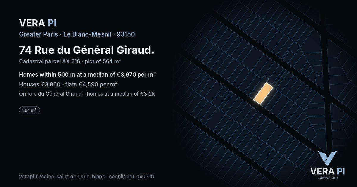 74 Rue du Général Giraud, Le Blanc-Mesnil at night – the plot lit, the parcels around coloured by the prices near them
