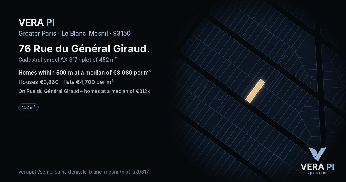76 Rue du Général Giraud, Le Blanc-Mesnil at night – the plot lit, the parcels around coloured by the prices near them