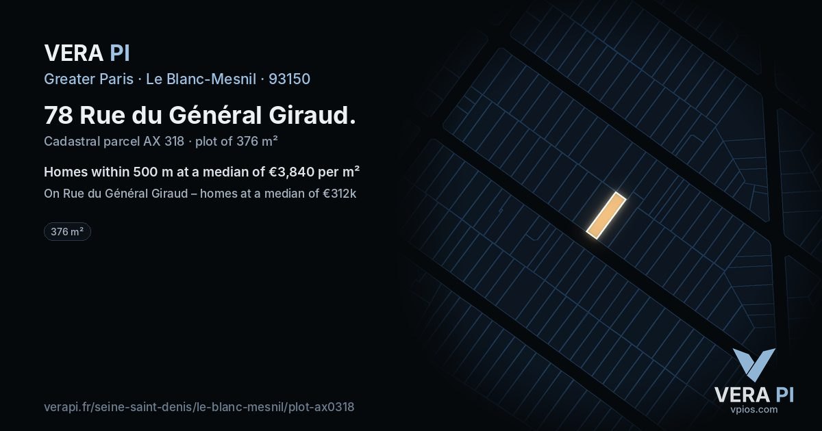 78 Rue du Général Giraud, Le Blanc-Mesnil at night – the plot lit, the parcels around coloured by the prices near them