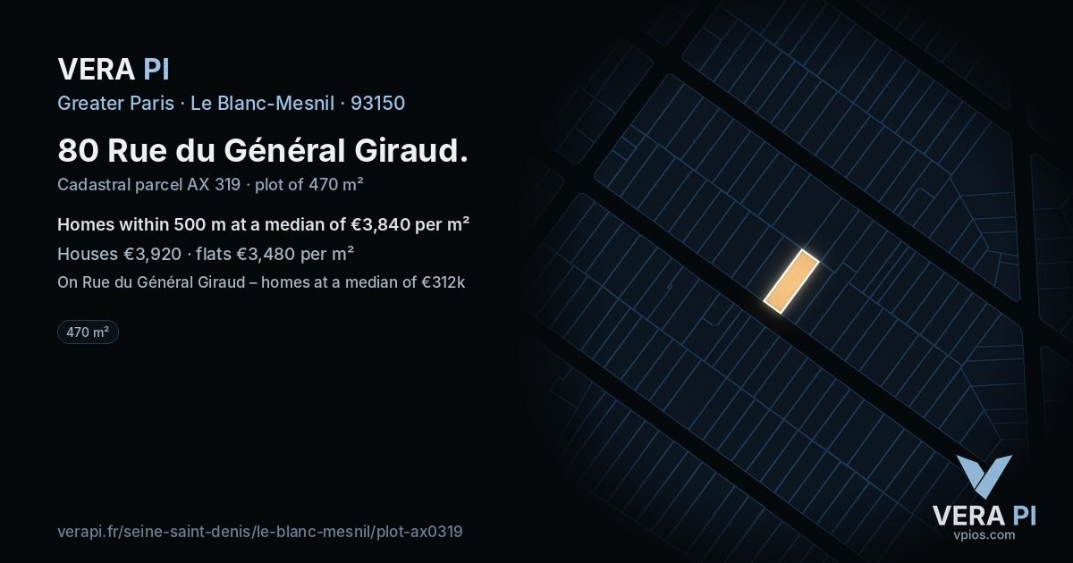 80 Rue du Général Giraud, Le Blanc-Mesnil at night – the plot lit, the parcels around coloured by the prices near them