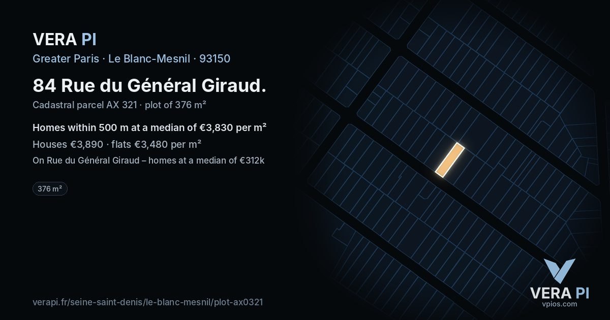 84 Rue du Général Giraud, Le Blanc-Mesnil at night – the plot lit, the parcels around coloured by the prices near them