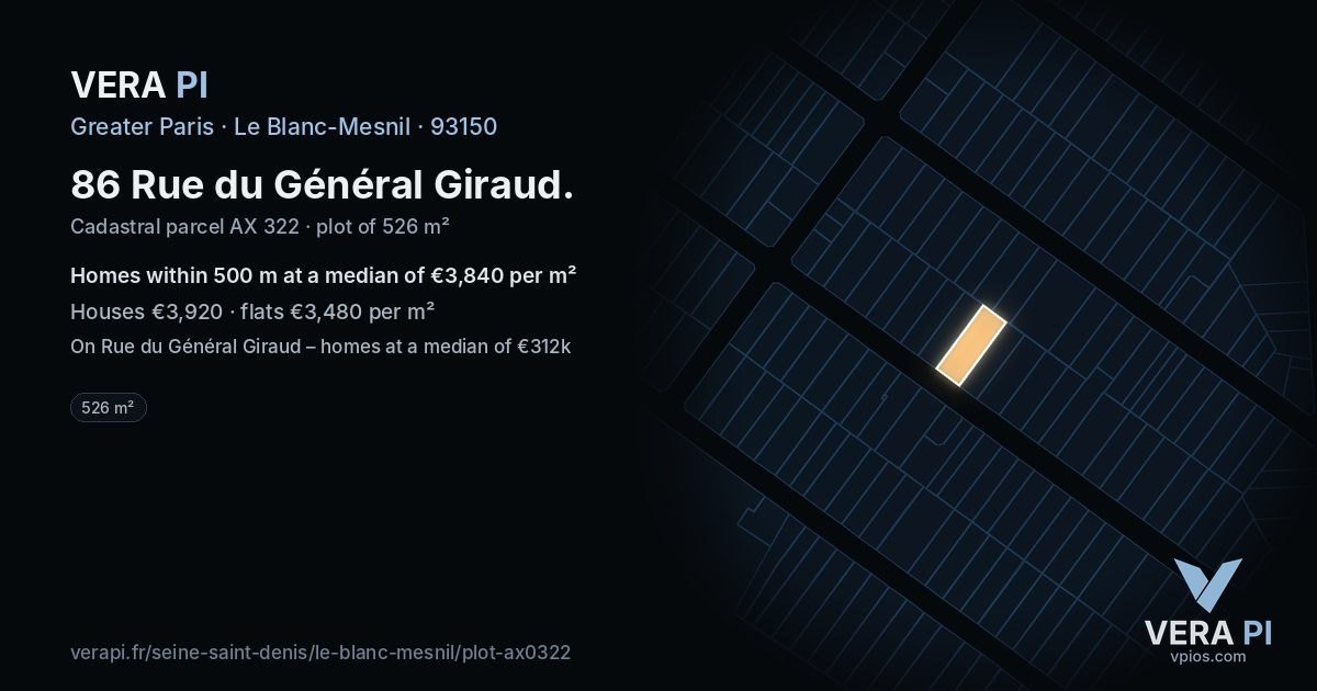 86 Rue du Général Giraud, Le Blanc-Mesnil at night – the plot lit, the parcels around coloured by the prices near them