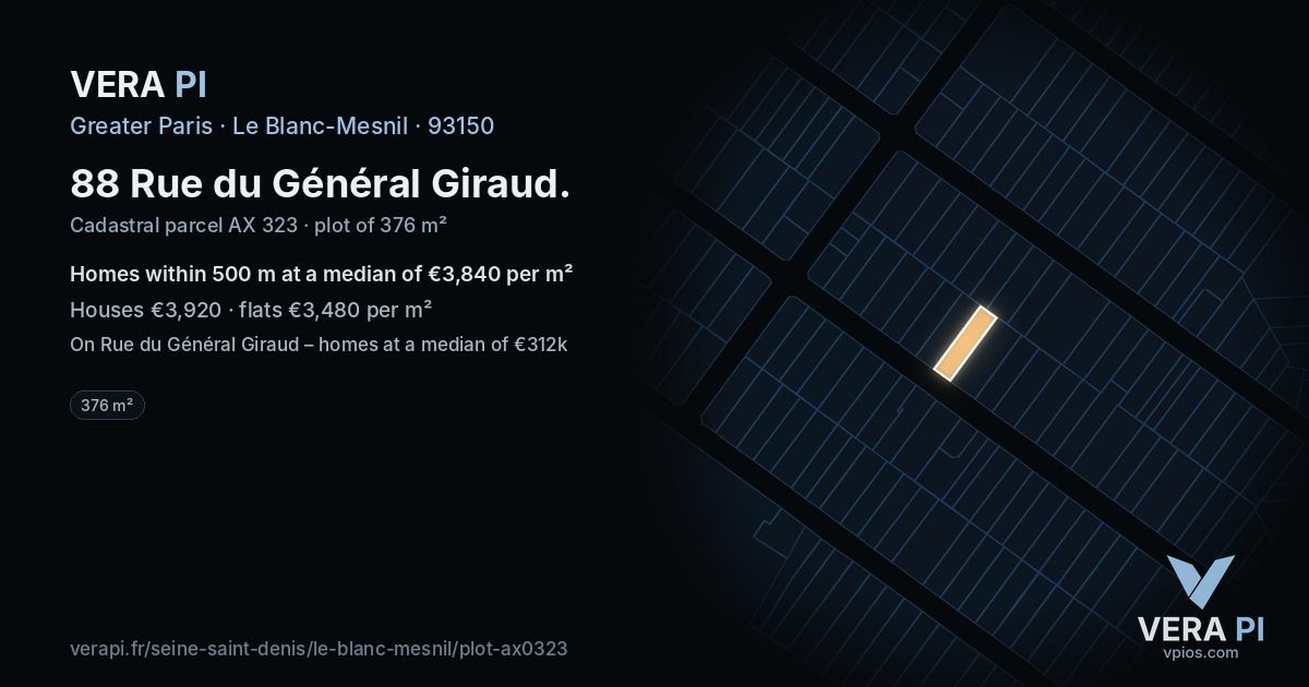 88 Rue du Général Giraud, Le Blanc-Mesnil at night – the plot lit, the parcels around coloured by the prices near them
