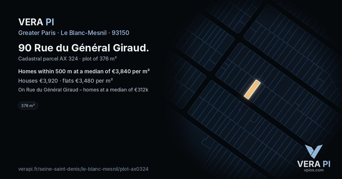 90 Rue du Général Giraud, Le Blanc-Mesnil at night – the plot lit, the parcels around coloured by the prices near them