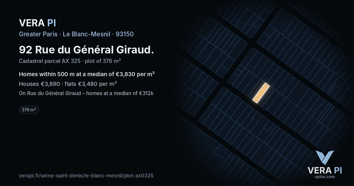 92 Rue du Général Giraud, Le Blanc-Mesnil at night – the plot lit, the parcels around coloured by the prices near them