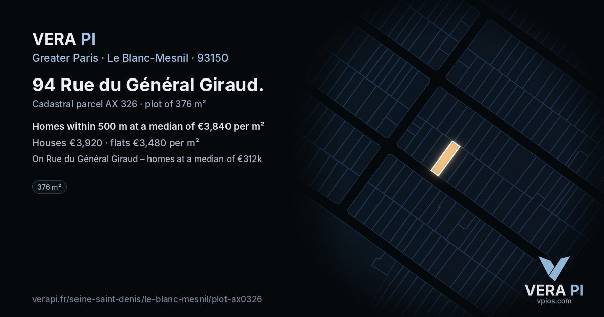 94 Rue du Général Giraud, Le Blanc-Mesnil at night – the plot lit, the parcels around coloured by the prices near them