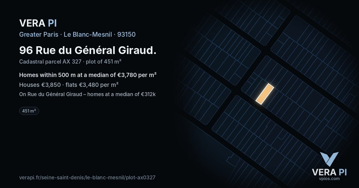 96 Rue du Général Giraud, Le Blanc-Mesnil at night – the plot lit, the parcels around coloured by the prices near them