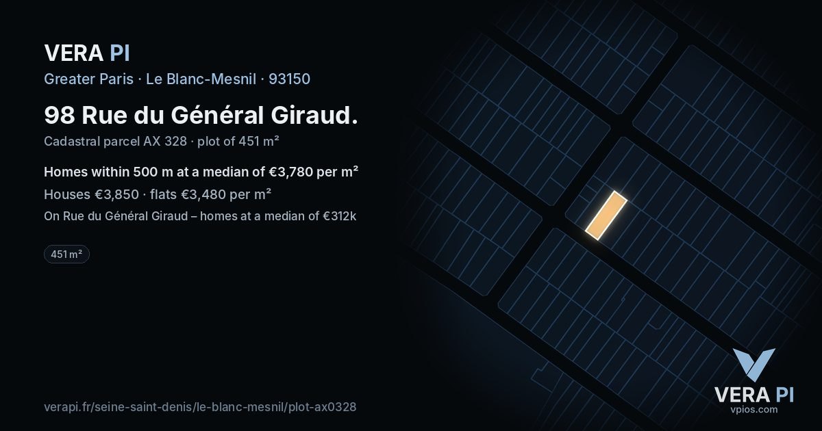 98 Rue du Général Giraud, Le Blanc-Mesnil at night – the plot lit, the parcels around coloured by the prices near them