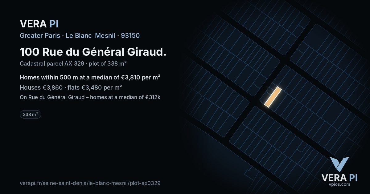 100 Rue du Général Giraud, Le Blanc-Mesnil at night – the plot lit, the parcels around coloured by the prices near them