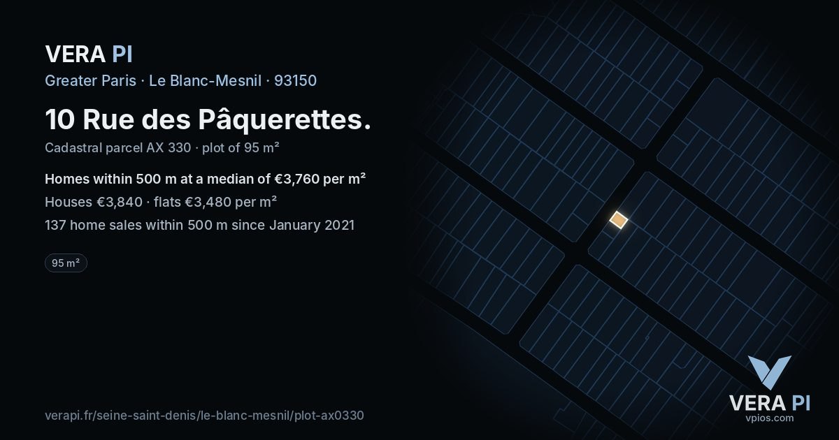 10 Rue des Pâquerettes, Le Blanc-Mesnil at night – the plot lit, the parcels around coloured by the prices near them