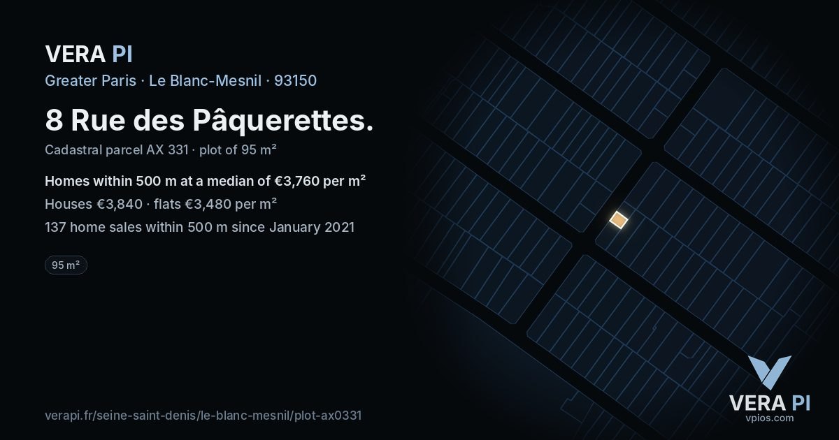 8 Rue des Pâquerettes, Le Blanc-Mesnil at night – the plot lit, the parcels around coloured by the prices near them