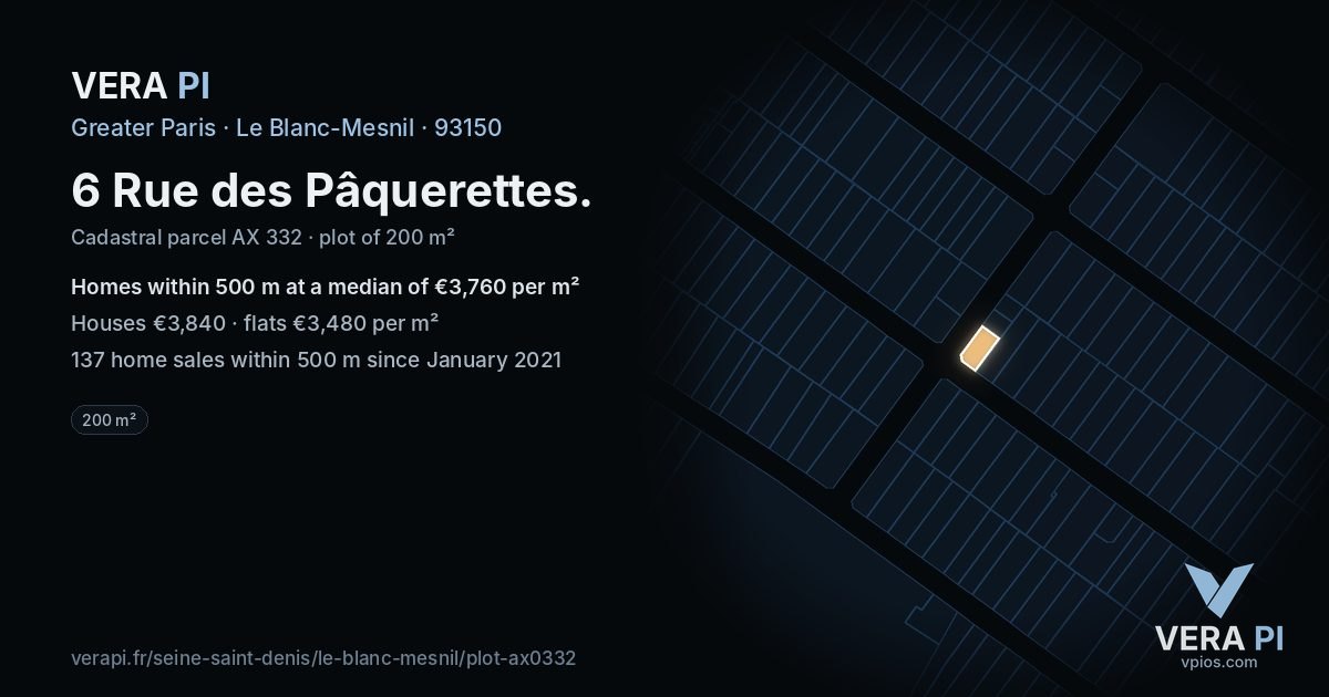 6 Rue des Pâquerettes, Le Blanc-Mesnil at night – the plot lit, the parcels around coloured by the prices near them