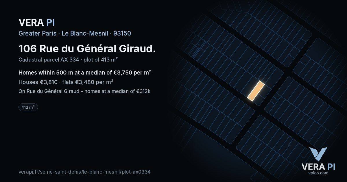 106 Rue du Général Giraud, Le Blanc-Mesnil at night – the plot lit, the parcels around coloured by the prices near them
