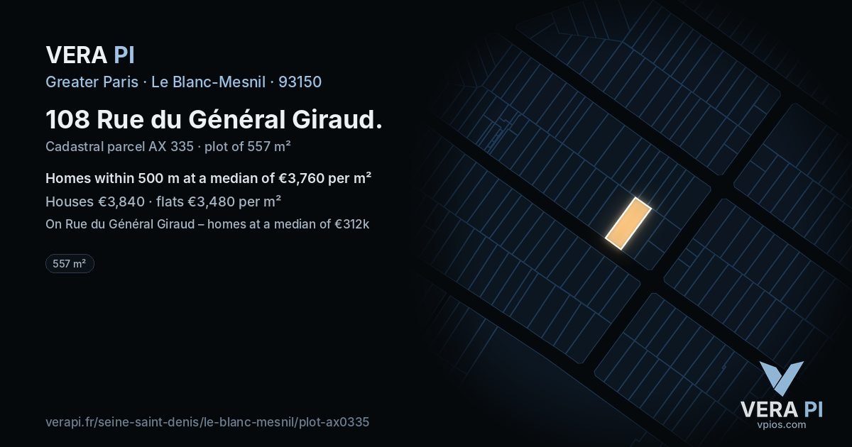 108 Rue du Général Giraud, Le Blanc-Mesnil at night – the plot lit, the parcels around coloured by the prices near them