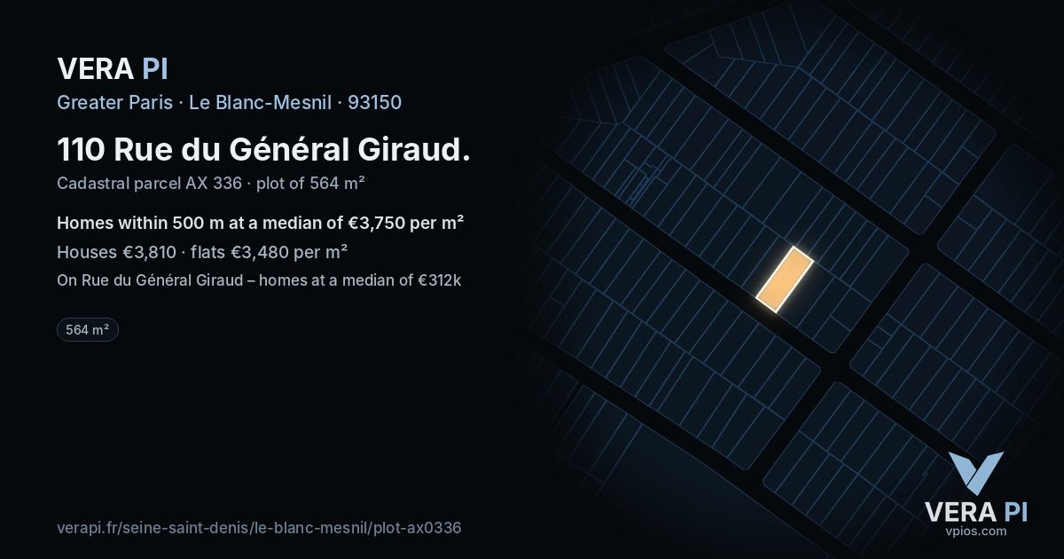 110 Rue du Général Giraud, Le Blanc-Mesnil at night – the plot lit, the parcels around coloured by the prices near them