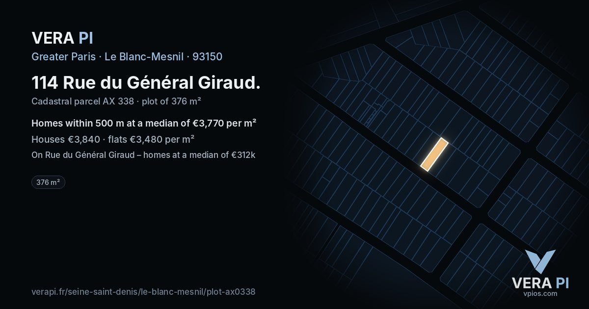 114 Rue du Général Giraud, Le Blanc-Mesnil at night – the plot lit, the parcels around coloured by the prices near them