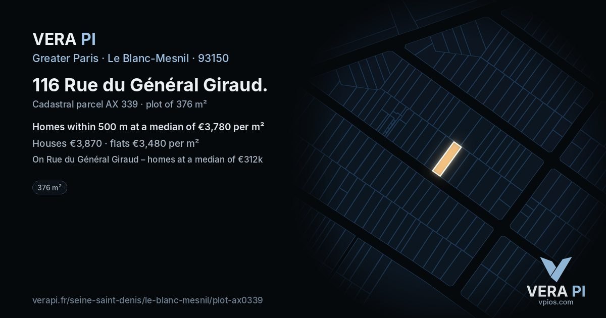 116 Rue du Général Giraud, Le Blanc-Mesnil at night – the plot lit, the parcels around coloured by the prices near them