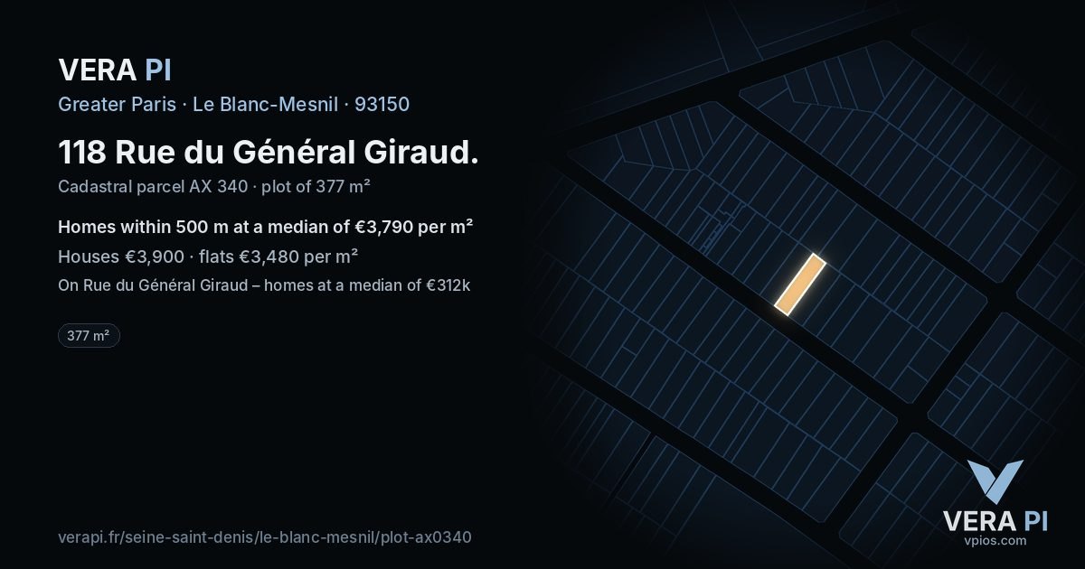 118 Rue du Général Giraud, Le Blanc-Mesnil at night – the plot lit, the parcels around coloured by the prices near them