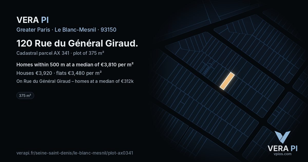 120 Rue du Général Giraud, Le Blanc-Mesnil at night – the plot lit, the parcels around coloured by the prices near them